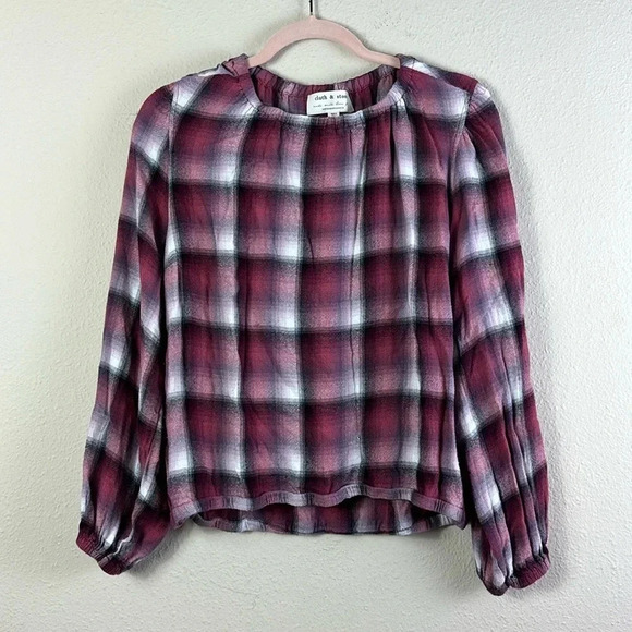 Cloth & Stone Anthropologie Glacier Plaid Elastic Cuff Blouse Raspberry Pink M - Picture 9 of 12